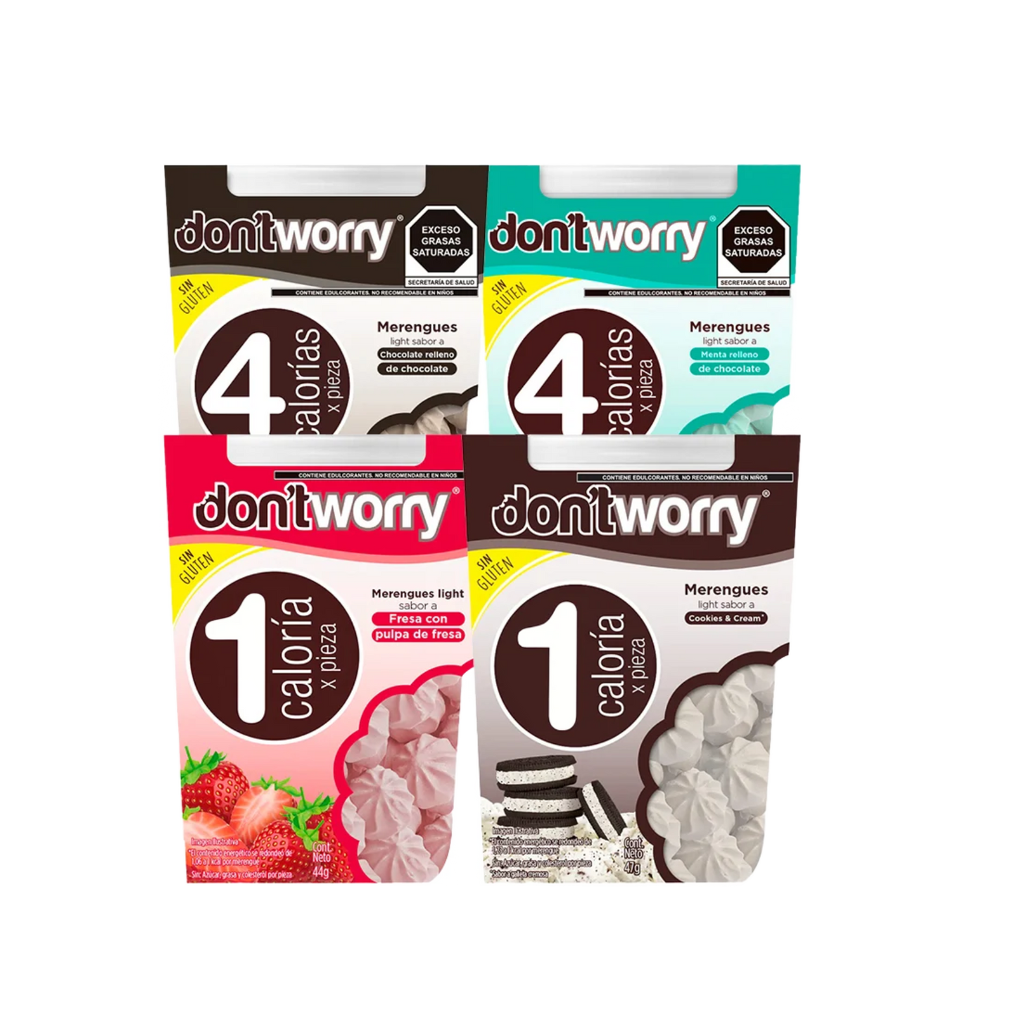 Merengues Light Dont Worry Chocolate Fresa Cookies and Cream Menta 4 pack