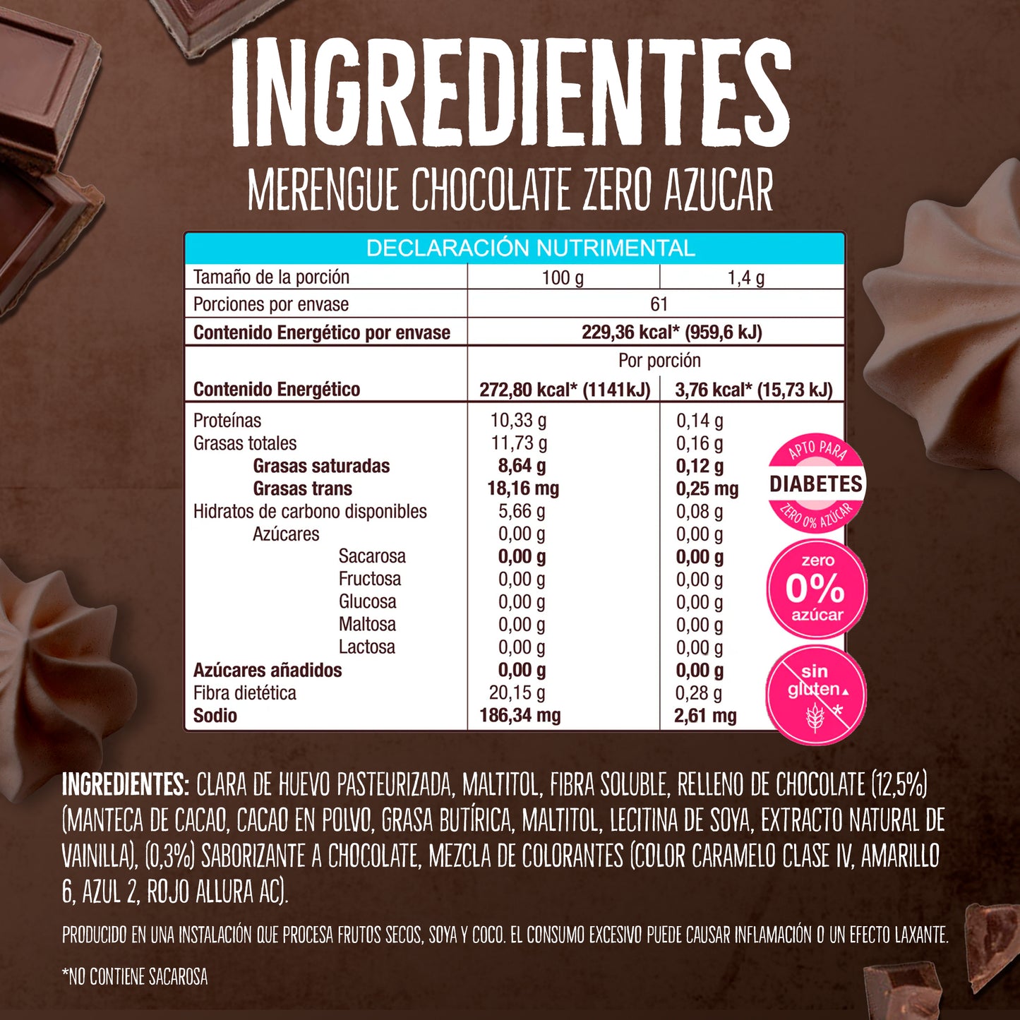 Merengues Sin Azúcar Don't Worry Chocolate relleno con Chocolate 68g