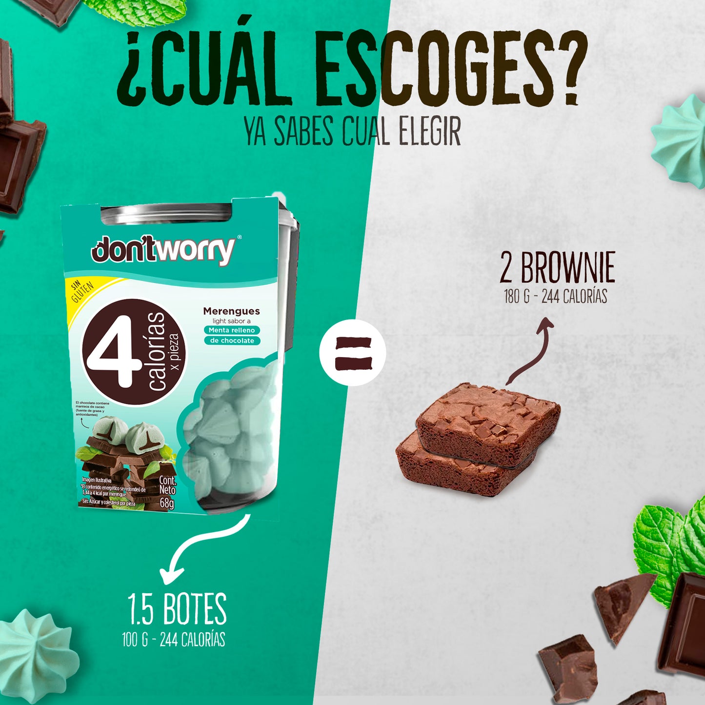 Merengues Light Don't Worry Menta relleno con Chocolate 68g