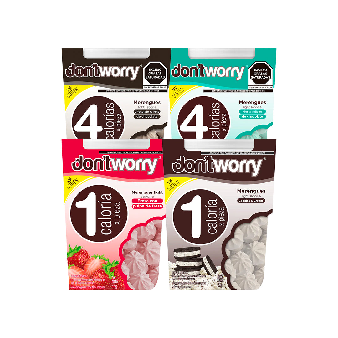 Merengues Light Dont Worry Chocolate Fresa Cookies and Cream Menta 4 pack