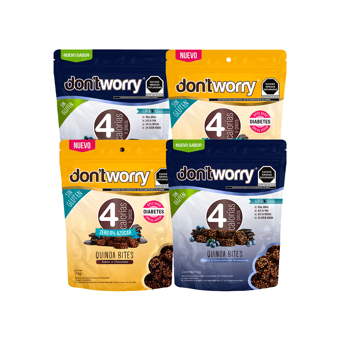 Quinoa Bite Dont Worry Chocolate con Blueberries y Chocolate Zero 4 pack