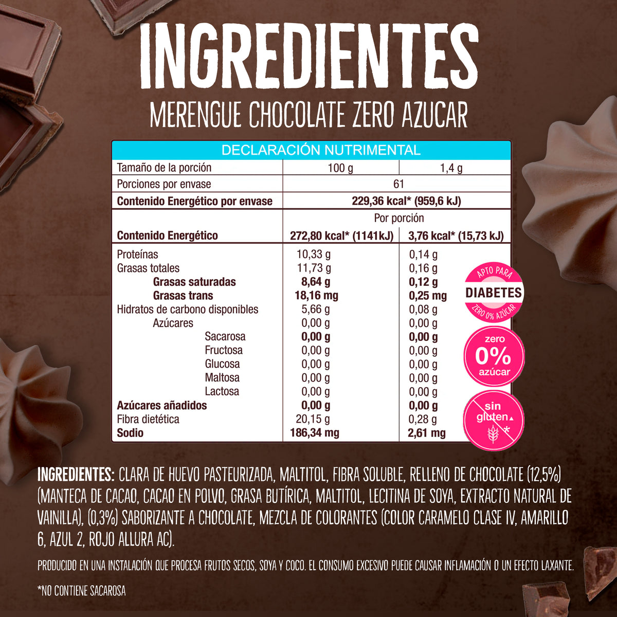 Merengues Sin Azúcar Don't Worry Chocolate relleno con Chocolate 68g