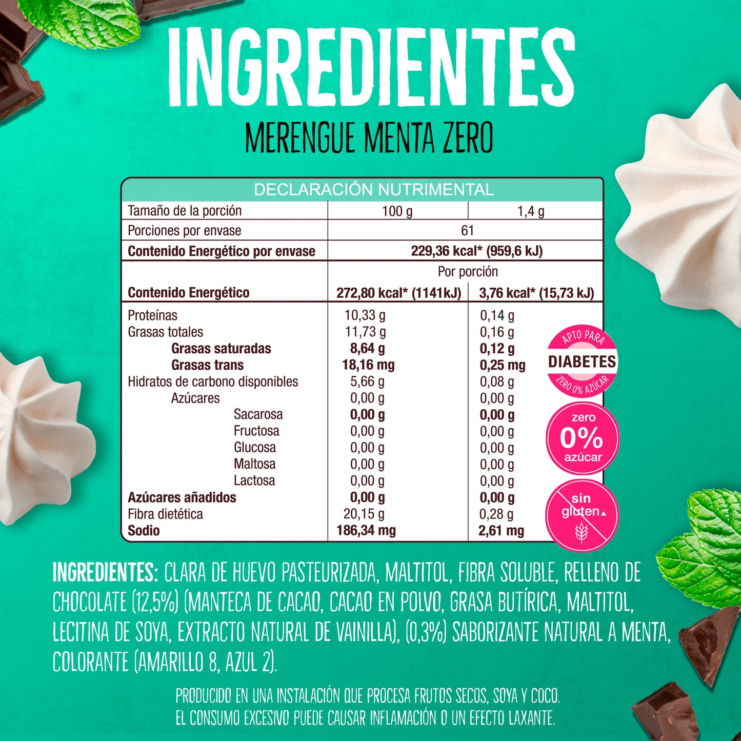 Merengues Sin Azúcar Don't Worry Menta relleno de Chocolate 68g