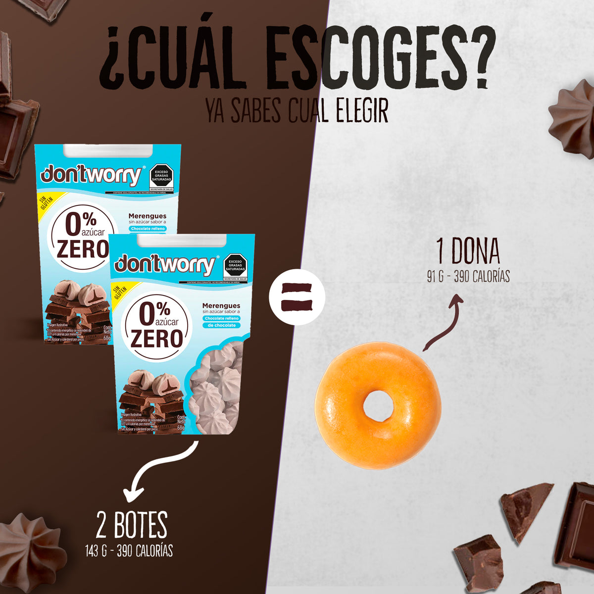 Merengues Sin Azúcar Don't Worry Chocolate relleno con Chocolate 68g